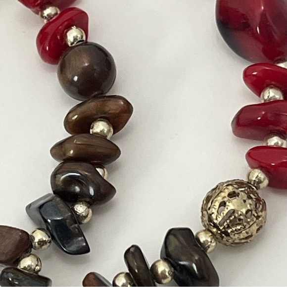 VTG 3 Strand Stone Beaded Red Brown Gold Tone - Picture 6 of 7
